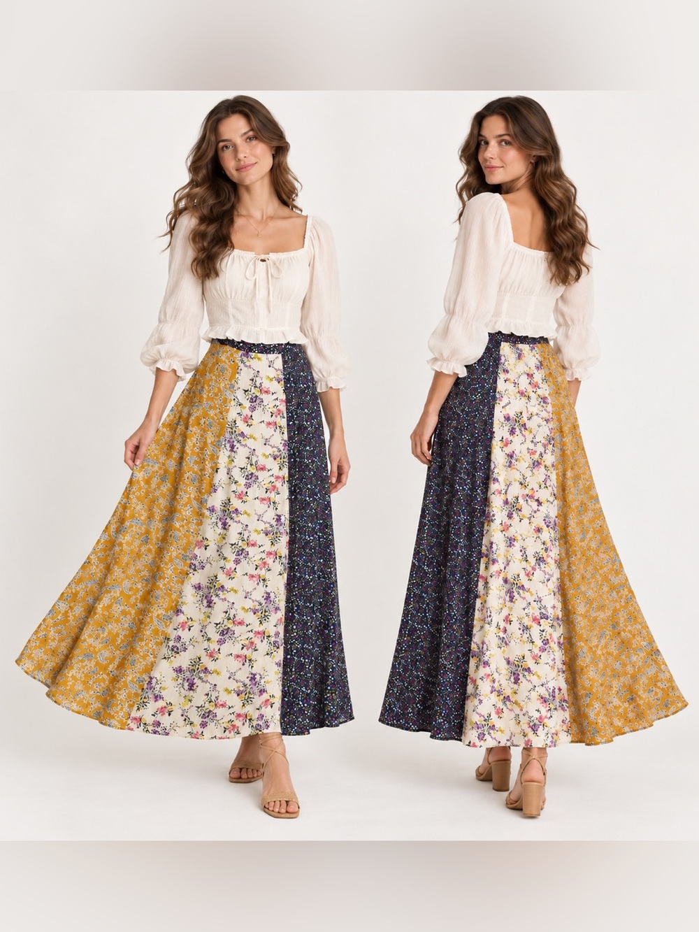 NATURAL LIFE Patchwork Ditsy Floral Maxi Skirt Garden Boho Cottagecore Pull Up M